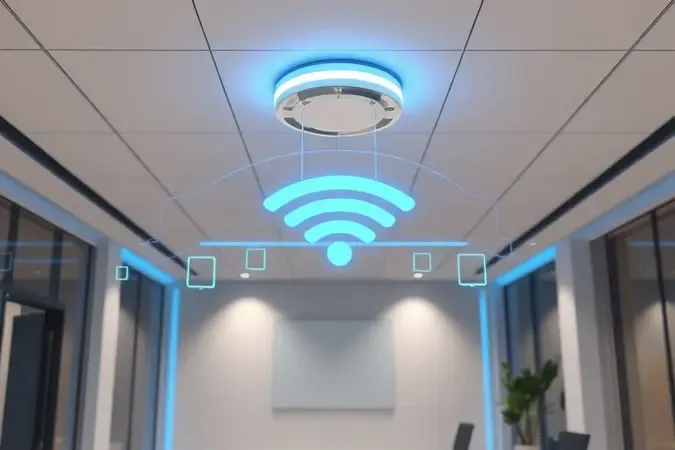 Renderização 3D conceitual de access point distribuindo sinal Wi-Fi em ambiente de escritório moderno