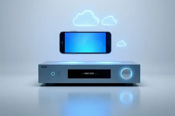 Smartphone flutuante conectado a um DVR por nuvens de dados luminosas, representando acesso remoto e integração com tecnologia cloud em ambiente conceitual moderno.