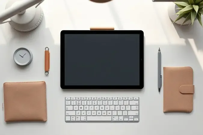 Tablet moderno centralizado rodeado por acessórios minimalistas como teclado fino capa protetora e caneta stylus em disposição organizada