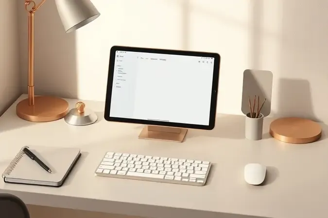 Setup de produtividade com tablet, teclado e acessórios em renderização 3D conceitual e minimalista.