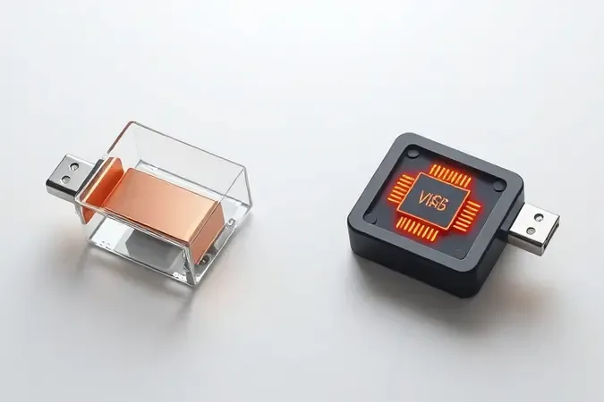 Comparação conceitual 3D entre adaptador passivo simples com via interna e adaptador ativo com chip de conversão iluminado visível.
