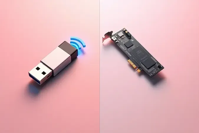 Comparação conceitual entre adaptador Wi-Fi USB compacto e placa PCI Express interna em renderização 3D com iluminação profissional.