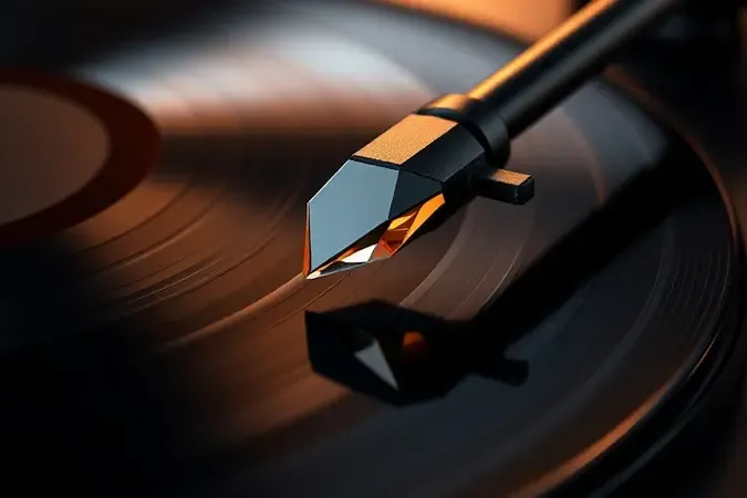 Close-up conceitual de agulha e cápsula de toca-discos sobre sulco de vinil em renderização 3D.