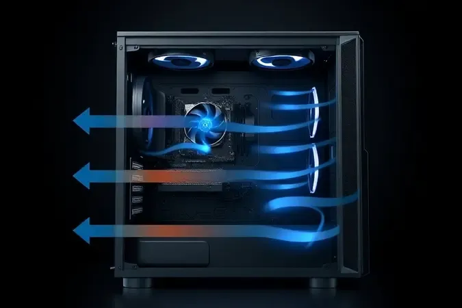 Render 3D de vista em corte de gabinete mostrando fluxo de ar com ventoinhas de intake frontal e exhaust superior e traseiro.