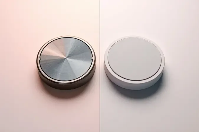 Dois rastreadores circulares lado a lado comparando acabamento metálico premium com bordas refinadas versus acabamento fosco simples.