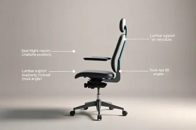 Render 3D mostrando ajustes essenciais de cadeira ergonômica como altura, braços e apoio lombar para postura ideal.