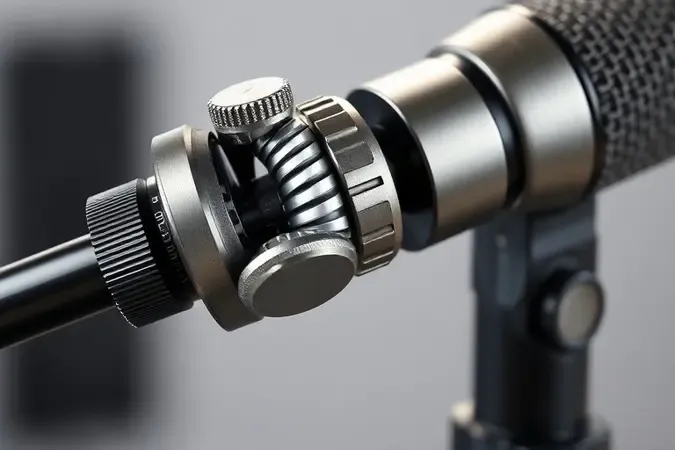 Render 3D em close do ajuste de tensão e parafusos de braço articulado para microfone com chave de ajuste.