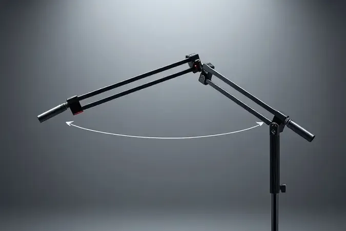 Render 3D conceitual mostrando alcance e rotação de braço articulado para microfone com múltiplas posições de movimento.