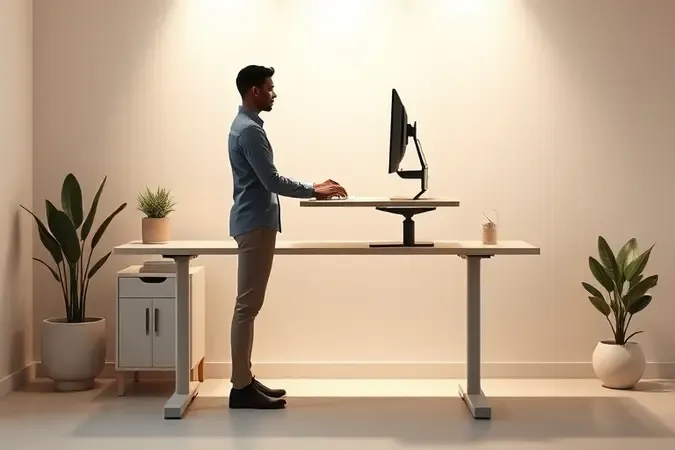 Ilustração ergonômica conceitual mostrando altura ideal de mesa regulável com postura correta no home office.