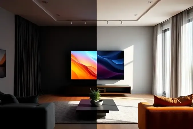 Comparação visual de sala escura e sala iluminada mostrando o impacto da luz ambiente na qualidade de imagem de uma TV sem marca.