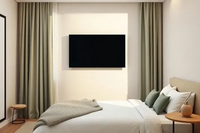 Render 3D de quarto moderno com smart TV 32 polegadas na parede em ambiente compacto e aconchegante.
