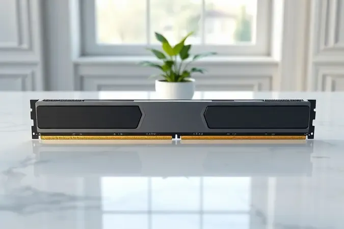 Render 3D de três módulos de RAM DDR4 com diferentes acabamentos sobre superfície de mármore, representando seleção premium final.