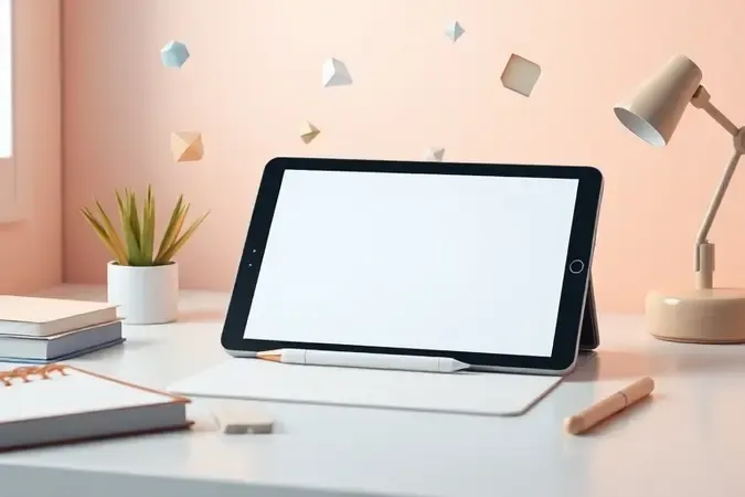 Tablet com caneta stylus em ambiente de estudo minimalista, conceito 3D premium para análise final do artigo.