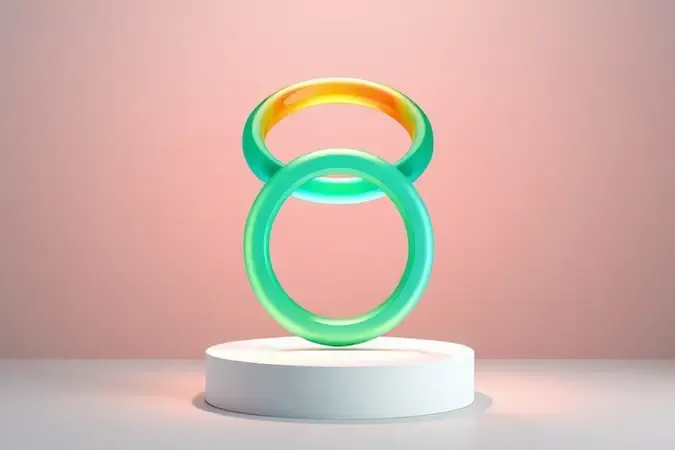 Render 3D conceitual de anéis de atividade fitness em tons vibrantes flutuando sobre silhueta minimalista de dispositivo em superfície branca.