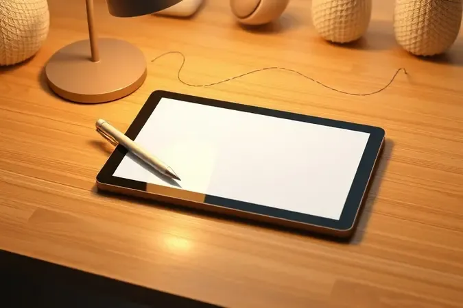 Tablet moderno com caneta stylus elegante sobre mesa de madeira em ambiente de estudo com iluminação acolhedora e linhas orgânicas abstratas