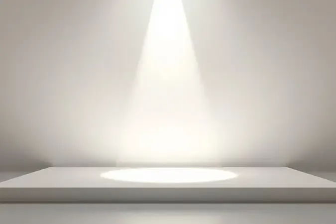 Render 3D conceitual ilustrando a escala de intensidade luminosa ANSI lúmens com gradiente de brilho em superfície de projeção.