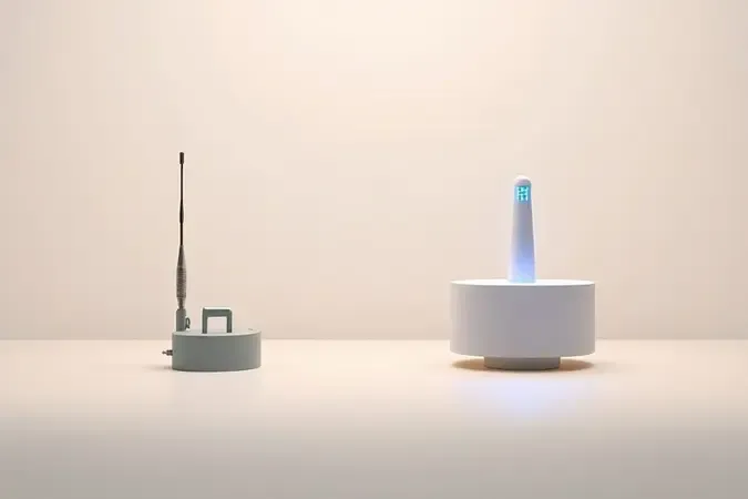 Representação 3D comparando conceitos de antena passiva simples e antena amplificada com indicador de sinal luminoso.