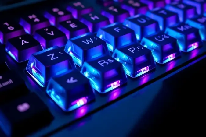 Render 3D de teclas translúcidas pressionadas simultaneamente com ondas de luz colorida simbolizando tecnologia anti-ghosting