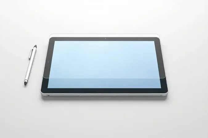 Aplicação perfeita de película protetora em tablet sem bolhas de ar em renderização 3D conceitual com espátula de instalação.