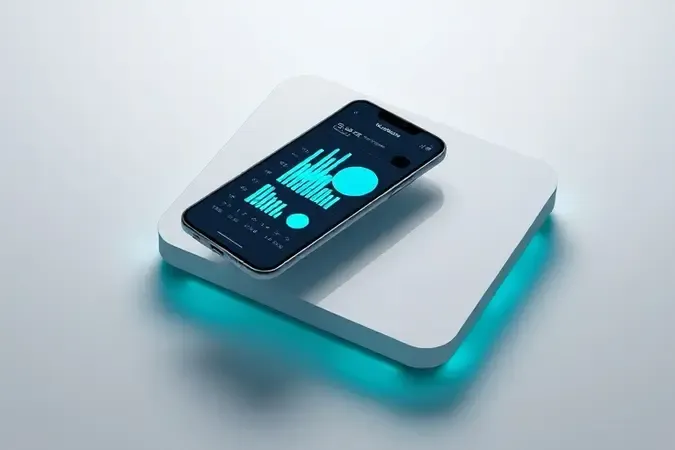 Render 3D de smartphone exibindo gráficos abstratos de saúde conectado sem fio a uma balança de bioimpedância