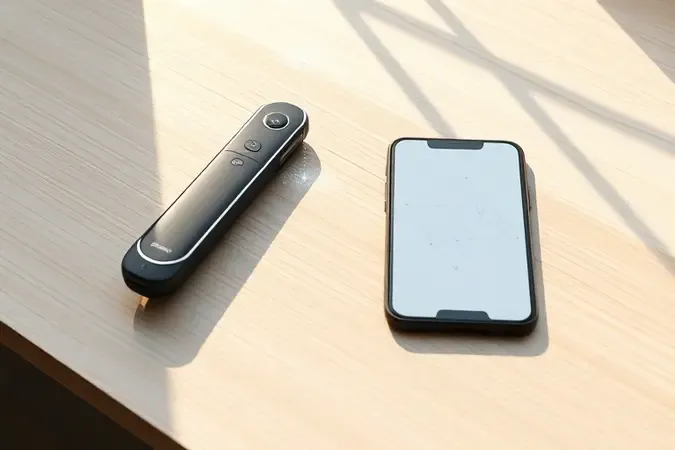 Renderização 3D de scanner portátil e smartphone conectados sem fio sobre superfície de madeira clara.
