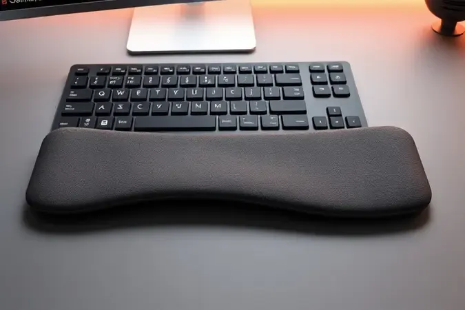 Apoio de pulso ergonômico com design ondulado posicionado em frente a teclado moderno minimalista em renderização 3D.