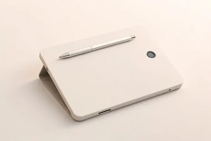 Render conceitual 3D de capa para tablet com suporte lateral para stylus destacando encaixe preciso e design integrado.