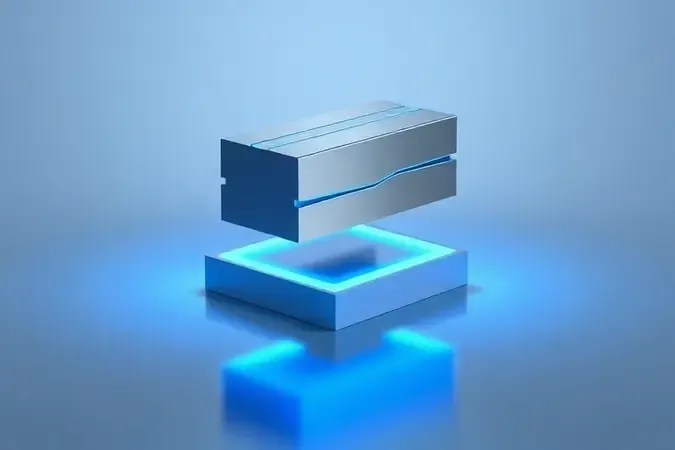 Conceito abstrato de armazenamento SSD com design geométrico minimalista e iluminação azul sutil.