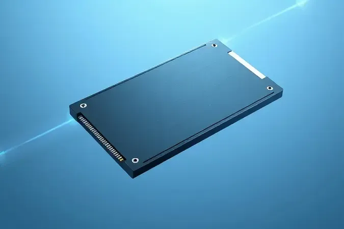 Render 3D conceitual de unidade SSD M.2 moderna flutuando em espaço abstrato com tons azuis e prateados simbolizando velocidade de armazenamento