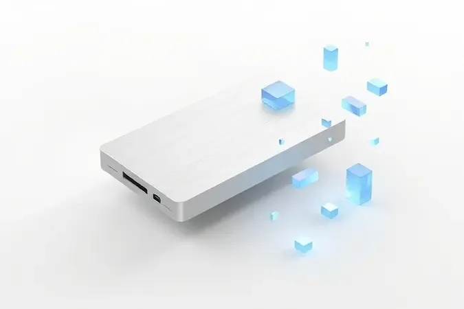 Render 3D conceitual de armazenamento SSD moderno para notebooks com blocos de dados flutuantes.