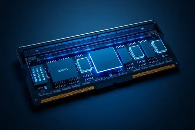 Render 3D em corte revelando arquitetura interna de módulo DDR5 com circuitos e bancos de memória iluminados em azul.