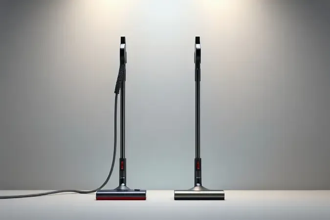 Renderização 3D conceitual comparando aspiradores verticais com e sem fio lado a lado em estúdio minimalista.