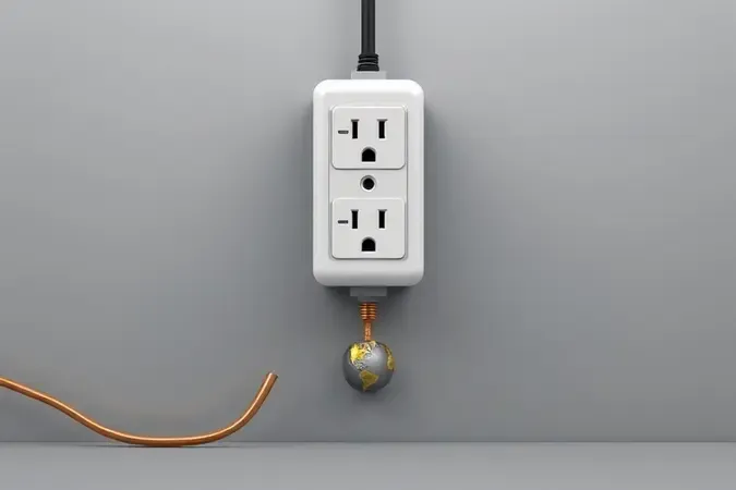 Ilustração 3D conceitual do aterramento elétrico em filtro de linha, com fio terra em tom cobreado representando segurança.