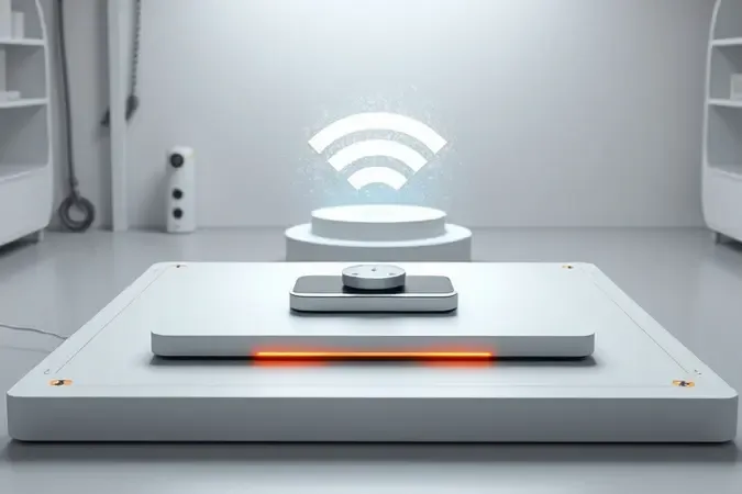 Ilustração conceitual de atualização de firmware em controle remoto Wi-Fi com partículas de luz e indicadores de progresso.