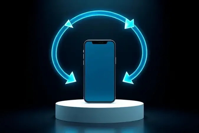 Renderização 3D conceitual de smartphone com setas translúcidas orbitando ao redor simbolizando evolução e atualizações de sistema.