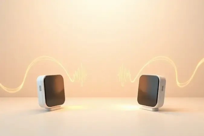 Conceito 3D de comunicação de áudio bidirecional com ondas sonoras luminosas conectando dispositivos de babá eletrônica.