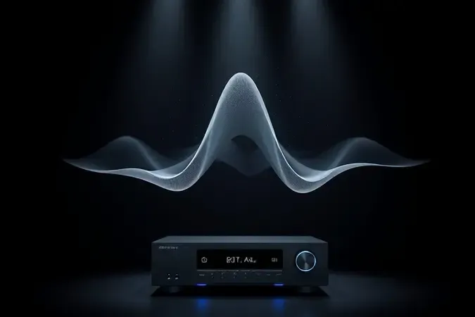 Renderização 3D abstrata de ondas sonoras tridimensionais representando áudio imersivo Dolby Atmos e DTS:X.