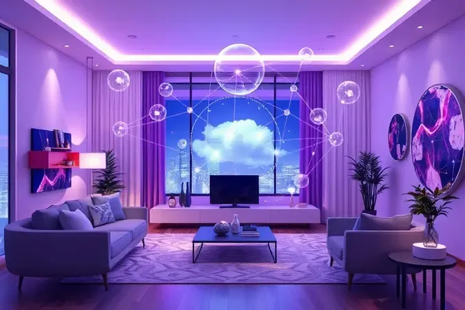 Render 3D conceitual mesclando automação residencial e jogos na nuvem via TV Box