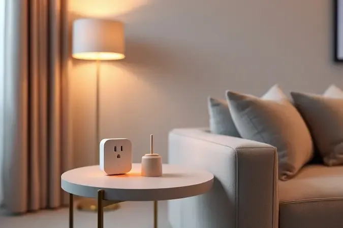 Render 3D de sala de estar moderna com tomada inteligente conectada representando automação residencial.