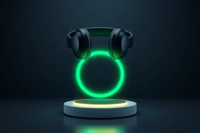 Renderização 3D conceitual de fone sem fio flutuando sobre indicador circular de bateria em tons verdes representando autonomia com ANC.