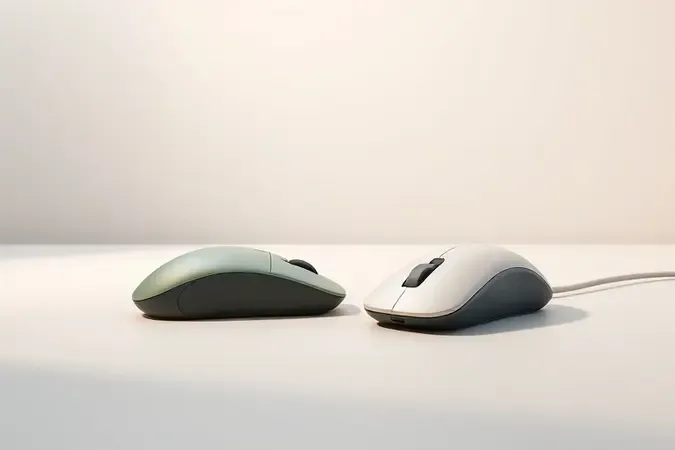 Render 3D conceitual ilustrando o processo de avaliação e comparação de mouses ergonômicos para escolha de melhor custo-benefício.