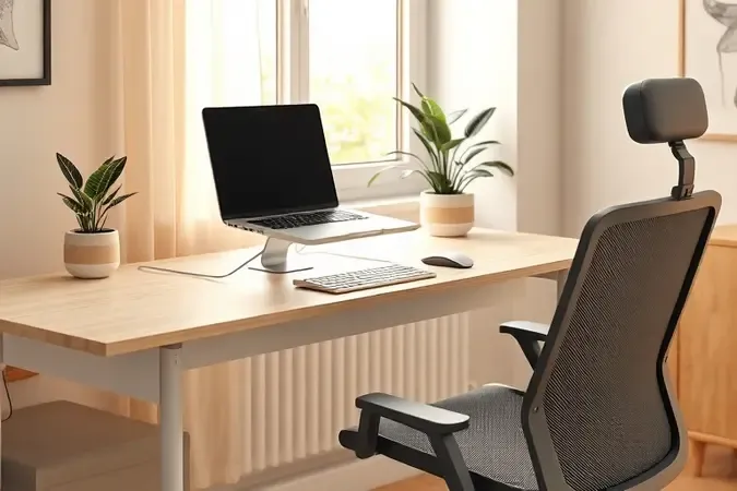 Render 3D de espaço home office ergonômico com notebook em suporte ajustável, teclado externo e cadeira ergonômica moderna.