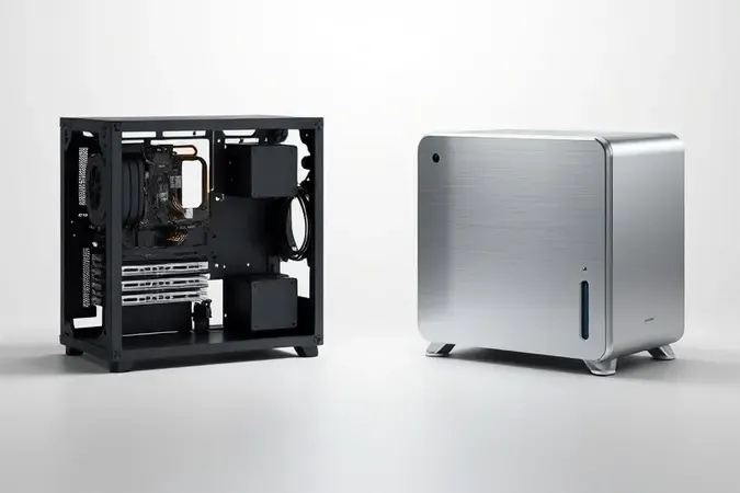 Comparação conceitual em 3D entre barebone com componentes modulares expostos e mini PC completo com gabinete fechado e design elegante.