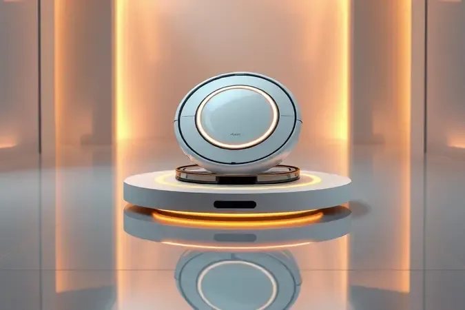 Renderização 3D de base autolimpante futurista ao lado de robô aspirador em ambiente arquitetônico clean e elegante.