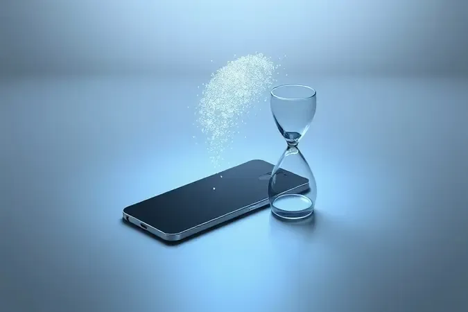 Render 3D de smartphone com partículas luminosas e ampulheta translúcida representando capacidade e duração de bateria