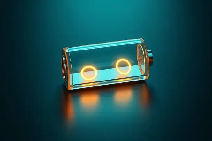Render 3D conceitual de célula de energia abstrata com iluminação em tons de azul esverdeado e âmbar representando autonomia e bateria de notebooks