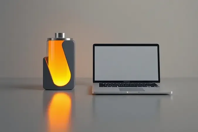Renderização 3D conceitual de notebook com ícone abstrato luminoso de bateria simbolizando longa autonomia para educadores.