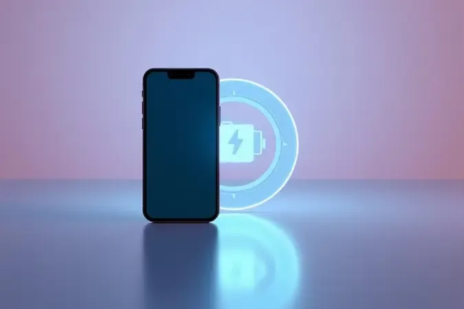 Render 3D conceitual de smartphone compacto ao lado de núcleo de energia abstrato representando duração de bateria.