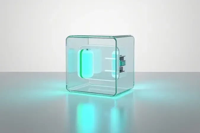 Render 3D conceitual de bateria abstrata com elementos geométricos e indicadores de energia