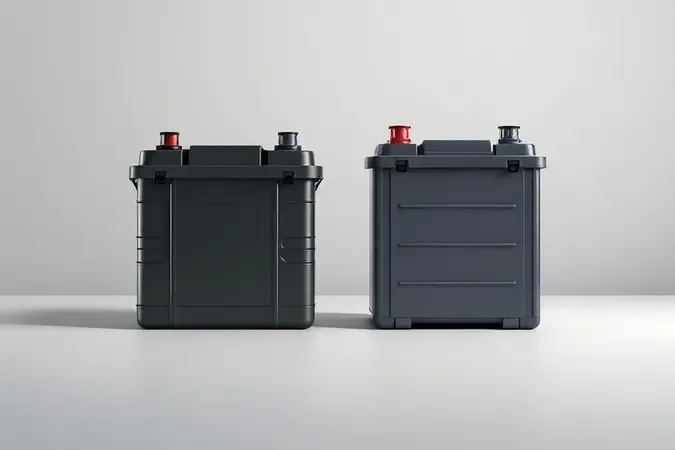 Renderização 3D comparativa entre bateria estacionária e bateria automotiva lado a lado em composição minimalista e profissional.